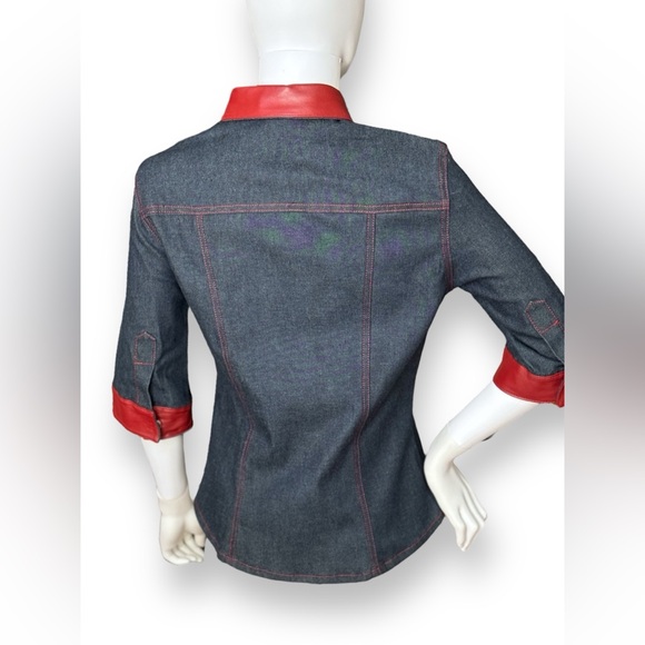 Vintage 1990s Dolce & Gabbana Denim Jacket Top with Red Leather Trim - Picture 5 of 10